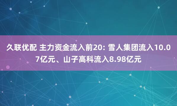 久联优配 主力资金流入前20: 雪人集团流入10.07亿元、山子高科流入8.98亿元